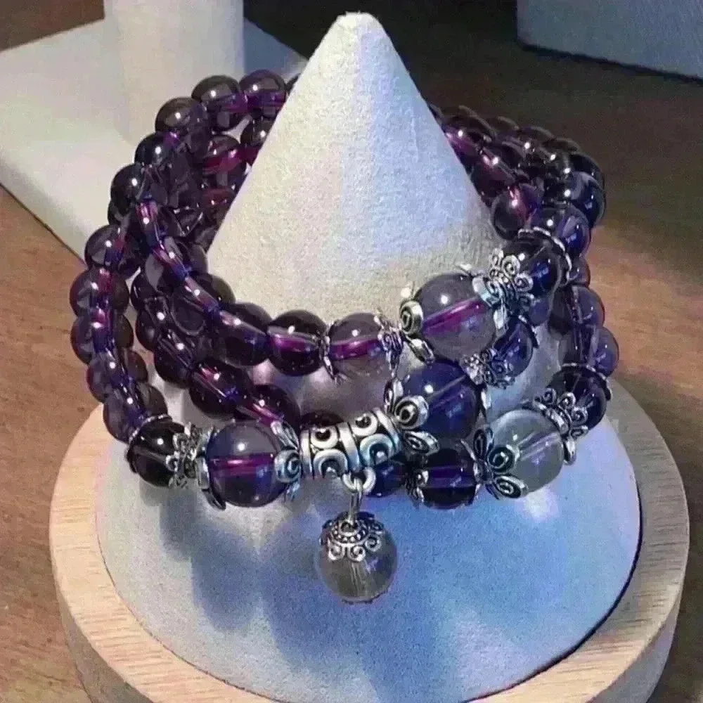 Vintage Glass Bead Bracelets Silver Tone Purple